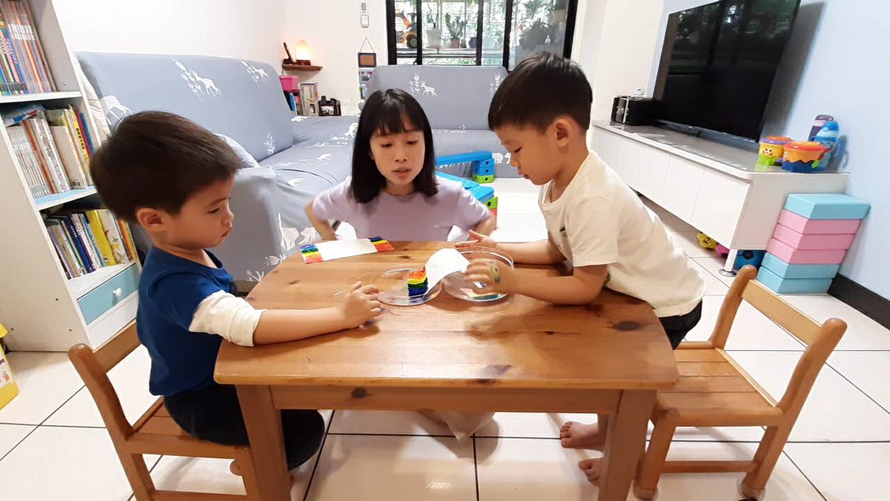 引導孩子將紙巾平放到兩個水盆中